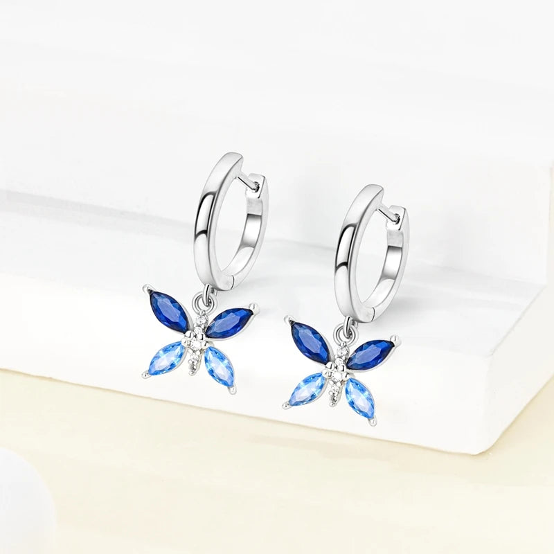 925 Sterling Silver Blue Zircon Butterfly Hoop Earrings — Colored Fine Jewelry for Women & Girls