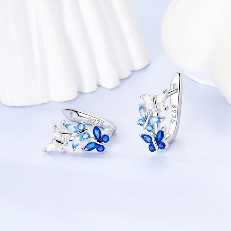 925 Sterling Silver Blue Zircon Butterfly Hoop Earrings — Colored Fine Jewelry for Women & Girls