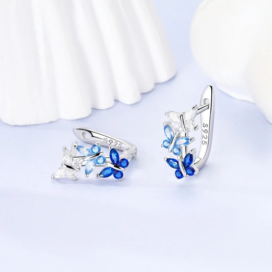 925 Sterling Silver Blue Zircon Butterfly Hoop Earrings — Colored Fine Jewelry for Women & Girls