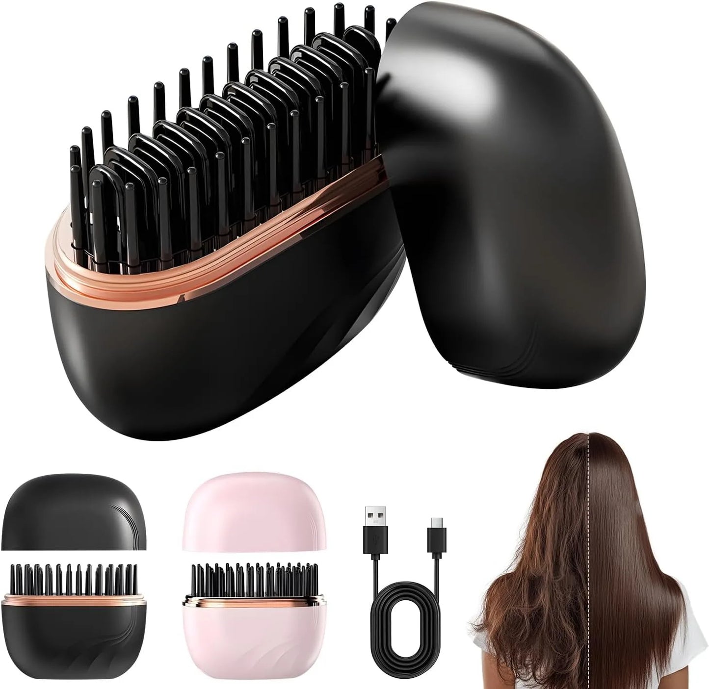 Mini Rechargeable Hair Straightener Brush — 3-Speed Temperature Control Anti-Scald Portable Travel Styling Tool