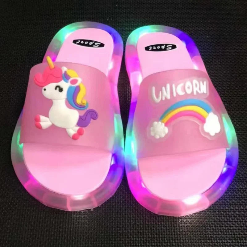 Kids Cartoon Unicorn Light-Up Slippers — Cute Animal Print Bathroom Toddler Shoes for Boys & Girls