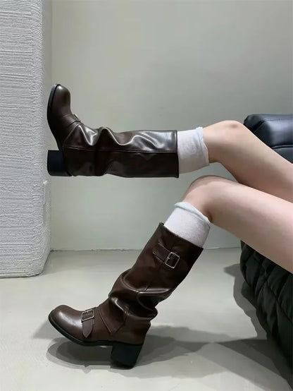Knee High Platform Chunky Heel Boots — Punk Gothic New Rock Leather Motorcycle Boots for Women