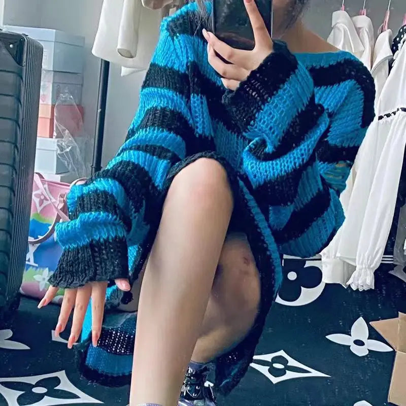 Punk Gothic Striped Sweater — Unisex Hollow-Out Rock Streetwear Top