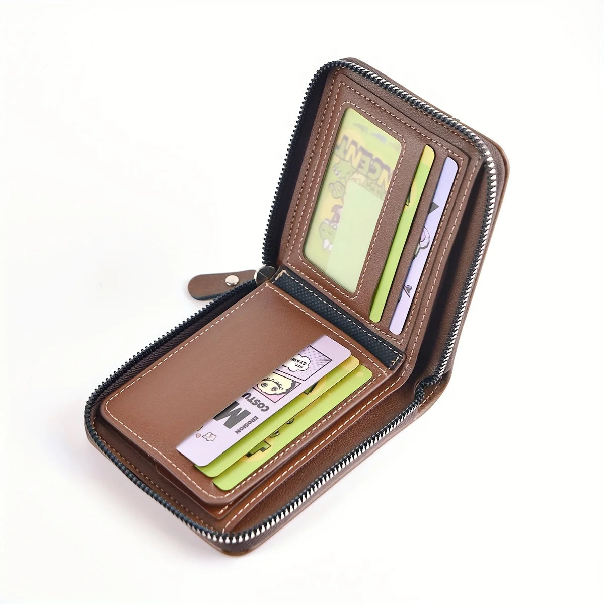 Men's PU Wax Oil Skin Zipper Wallet — Short Coin Purse & Card Holder with Zip-Around Closure