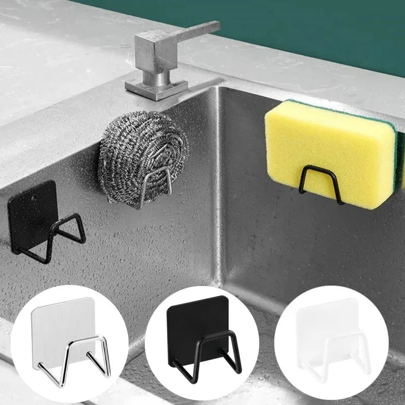 Self-Adhesive Kitchen Sink Sponge Holder — Stainless Steel Drain Drying Rack & Wall Hook Organizer