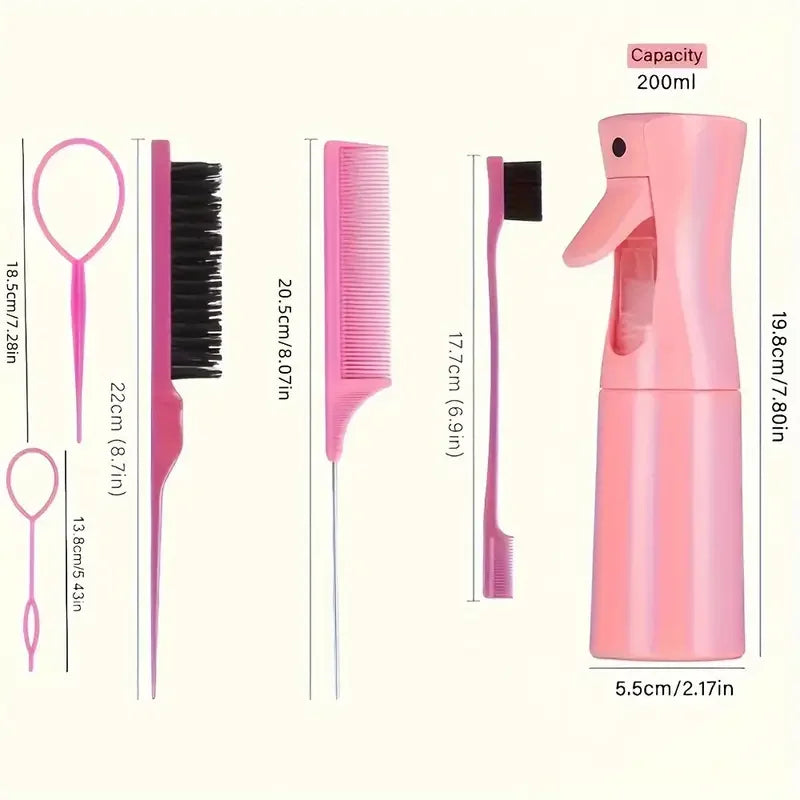 6-Piece Hair Brush & Styling Tool Set — Spray Bottle, Braiding Loop, Rat Tail Comb, Teasing Brush & Edge Control Brush