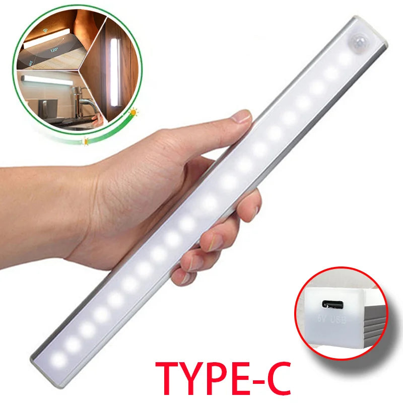 LED Motion Sensor Cabinet Light — USB Type-C Rechargeable Wireless Night Light for Kitchen, Wardrobe & Stairs