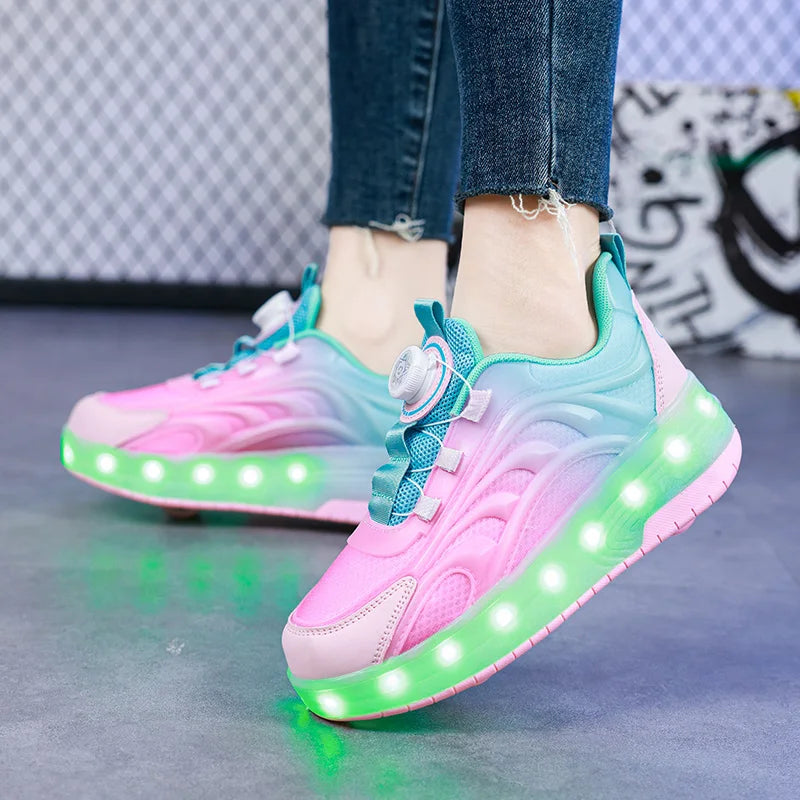 Kids LED Light-Up Roller Skate Shoes — USB Rechargeable Glowing Sneakers for Boys & Girls
