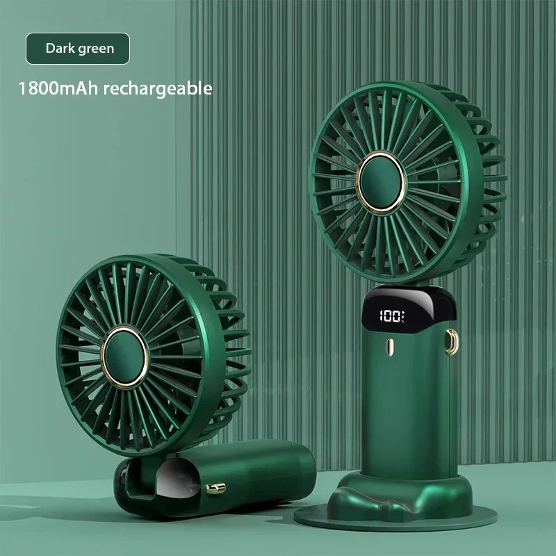 Portable Handheld & Neck Hanging Fan — 5-Speed USB Rechargeable Fan with Phone Stand & Display Screen (1800mAh)