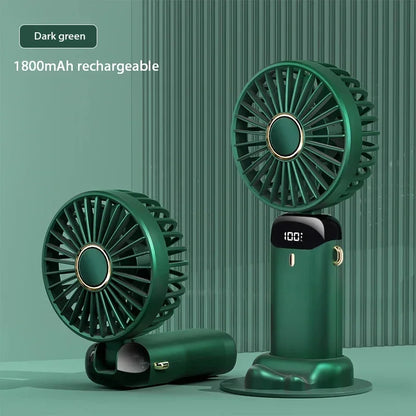 Portable Handheld & Neck Hanging Fan — 5-Speed USB Rechargeable Fan with Phone Stand & Display Screen (1800mAh)