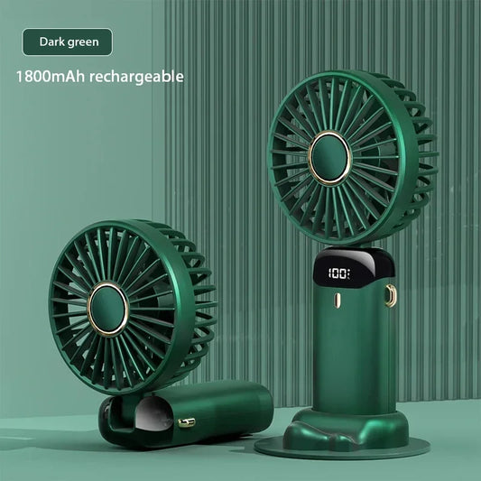 Portable Handheld & Neck Hanging Fan — 5-Speed USB Rechargeable Fan with Phone Stand & Display Screen (1800mAh)