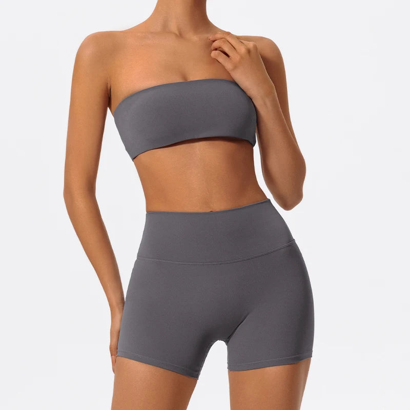 Women's 2-Piece Fitness Sports Set — Strapless Crop Bra & Yoga Workout Gym Suit for Women