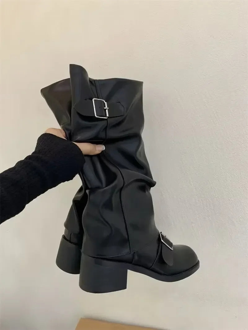 Knee High Platform Chunky Heel Boots — Punk Gothic New Rock Leather Motorcycle Boots for Women