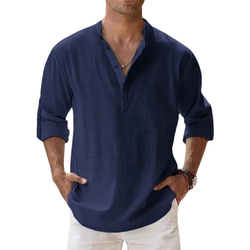 Men's Cotton Linen Long Sleeve Shirt — Lightweight Henley Beach & Hawaiian Style