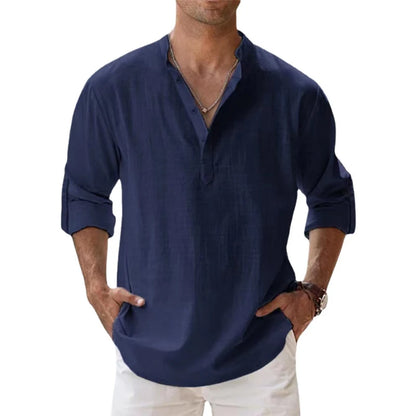 Men's Cotton Linen Long Sleeve Shirt — Lightweight Henley Beach & Hawaiian Style