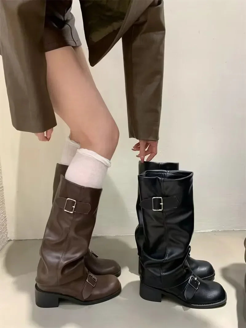 Knee High Platform Chunky Heel Boots — Punk Gothic New Rock Leather Motorcycle Boots for Women