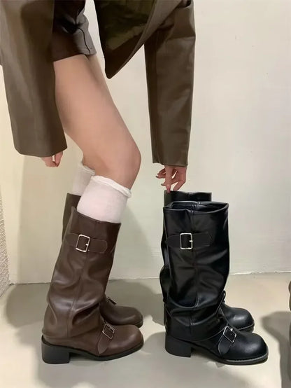Knee High Platform Chunky Heel Boots — Punk Gothic New Rock Leather Motorcycle Boots for Women