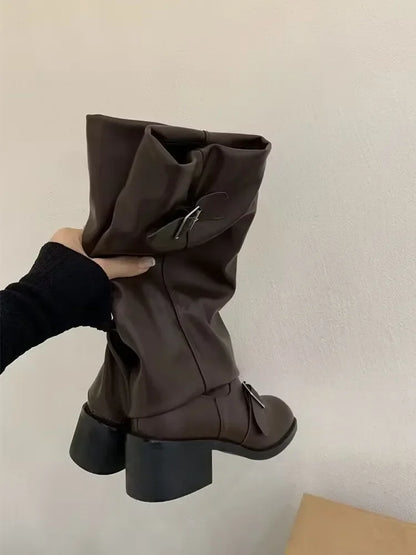 Knee High Platform Chunky Heel Boots — Punk Gothic New Rock Leather Motorcycle Boots for Women