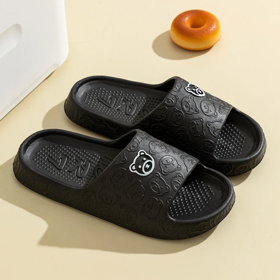 Little Bear Print Couple Slippers — Non-Slip Soft Indoor Bathroom Sandals for Men & Women