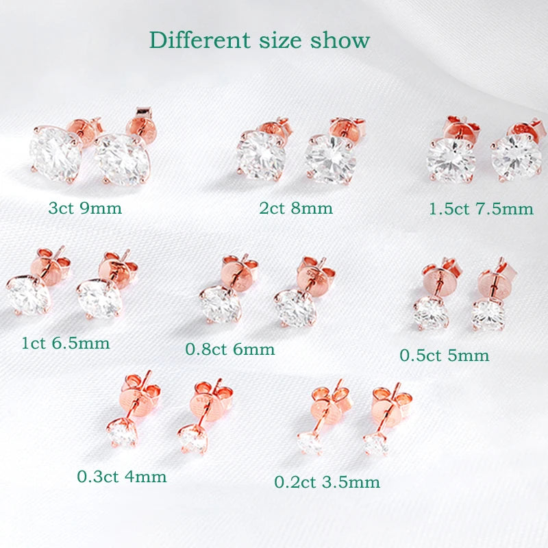 Smyoue Rose Gold Moissanite Stud Earrings — 0.2-3CT Lab Diamond 925 Pure Silver Wedding Earrings for Women