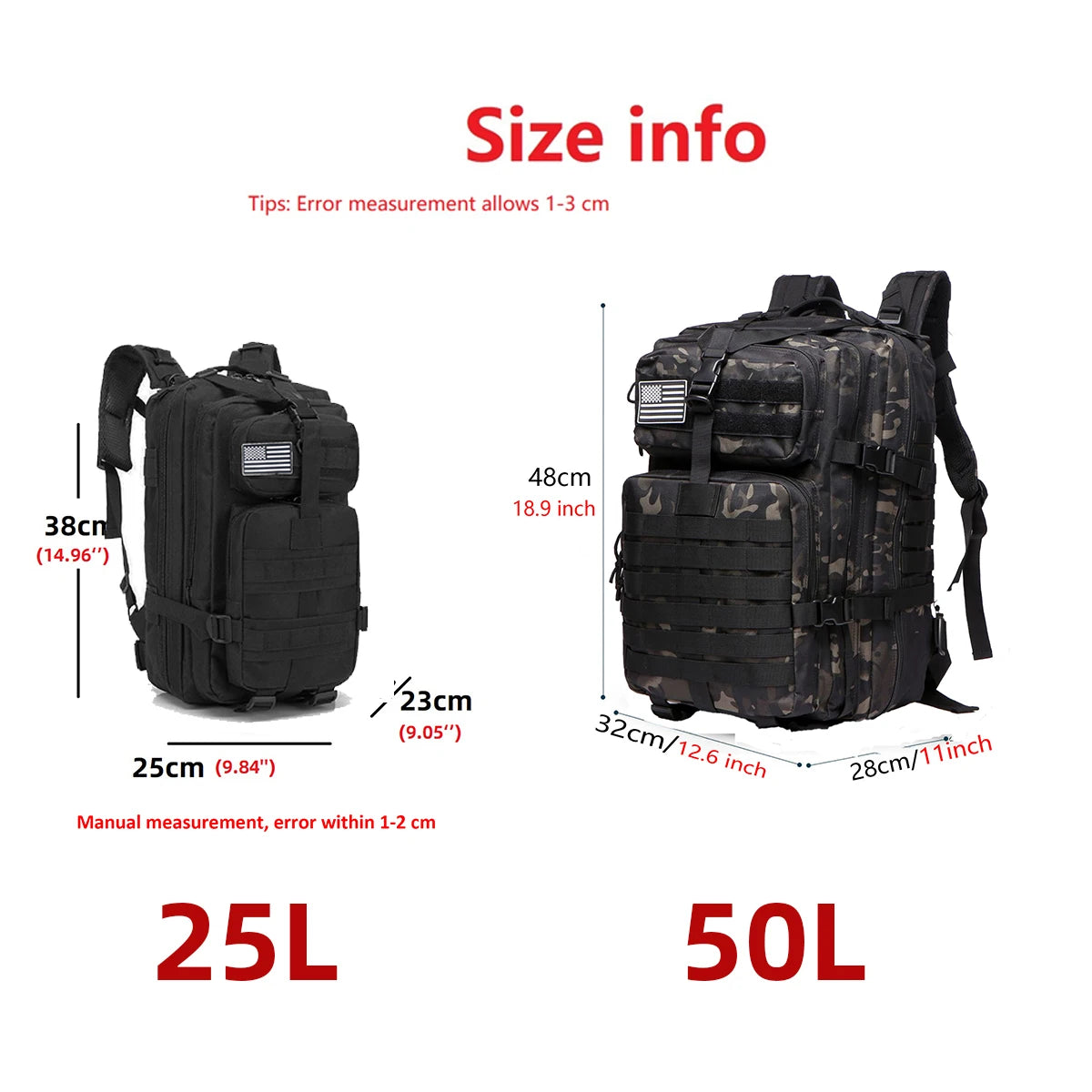 25L/50L Tactical Hiking Backpack — Waterproof Nylon Rucksack for Camping, Trekking, Fishing & Hunting
