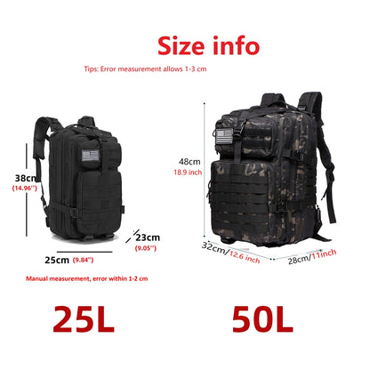25L/50L Tactical Hiking Backpack — Waterproof Nylon Rucksack for Camping, Trekking, Fishing & Hunting