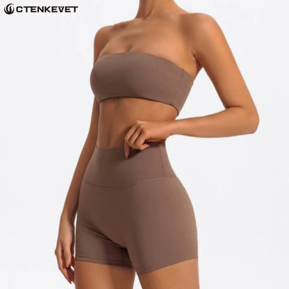 Women's 2-Piece Fitness Sports Set — Strapless Crop Bra & Yoga Workout Gym Suit for Women
