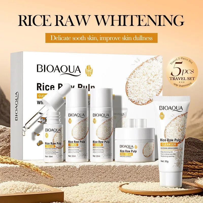 BIOAOUA Rice Whitening 5-Piece Skincare Set — Brightening & Hydrating Cleanser, Toner, Essence, Lotion & Cream