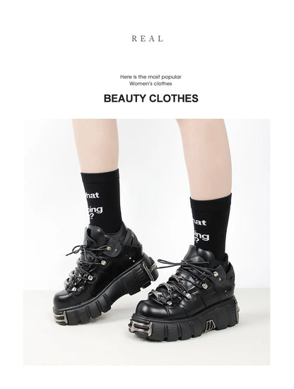 Punk Rock Lace-Up Platform Boots — 6CM Heel Metal Decor Women's Rock Sneaker Boots 2026