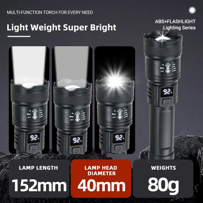 2000LM Tactical LED Flashlight — USB Rechargeable Zoomable Torch with Display for Camping, Fishing & Emergency