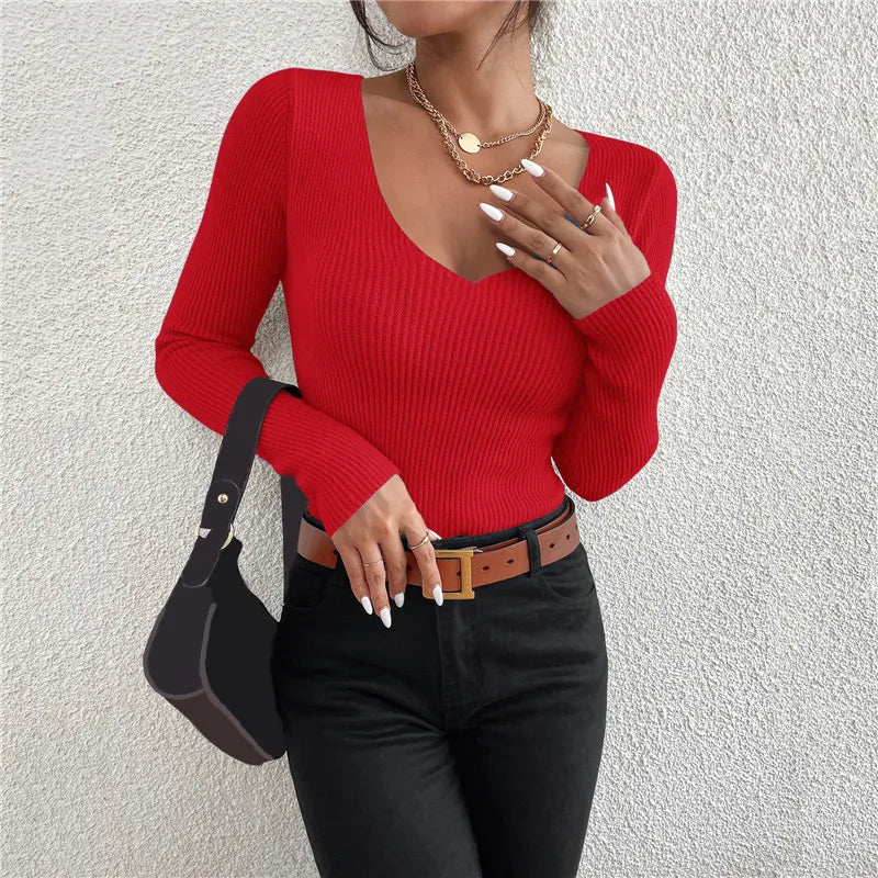 Women's Ribbed V-Neck Knit Sweater — Y2K Long Sleeve Pullover Top