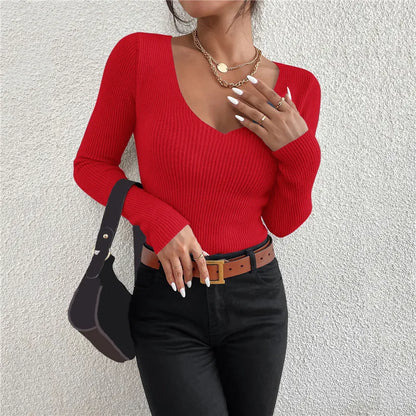 Women's Ribbed V-Neck Knit Sweater — Y2K Long Sleeve Pullover Top