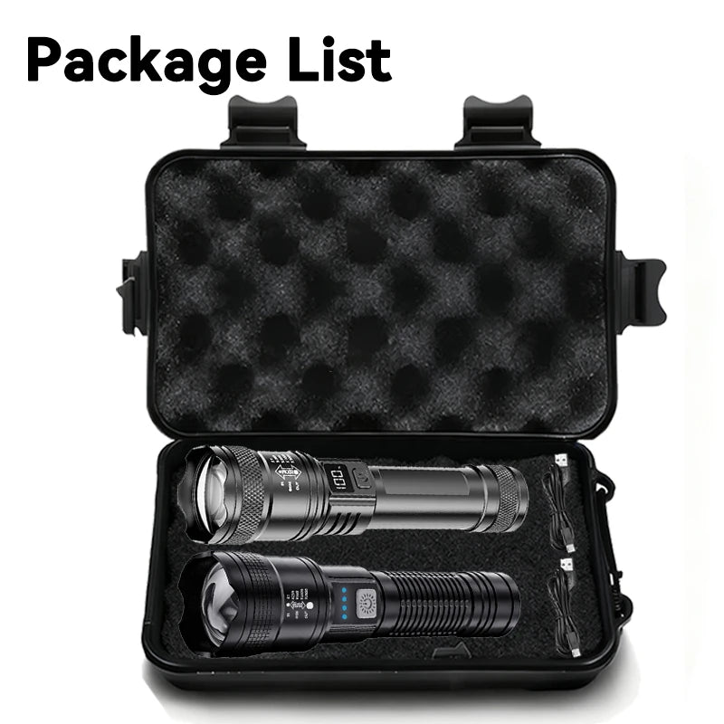 2000LM Tactical LED Flashlight — USB Rechargeable Zoomable Torch with Display for Camping, Fishing & Emergency