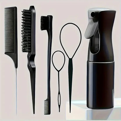 6-Piece Hair Brush & Styling Tool Set — Spray Bottle, Braiding Loop, Rat Tail Comb, Teasing Brush & Edge Control Brush