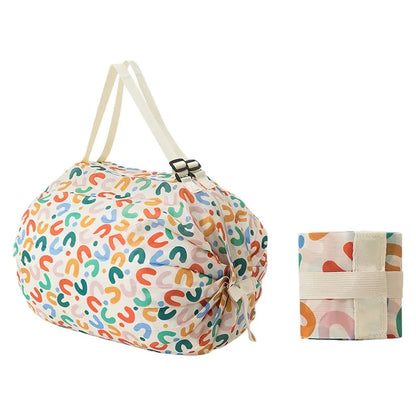 Foldable Eco Reusable Shopping Tote Bag — Cat & Lemon Print Beach, Grocery & Storage Pouch