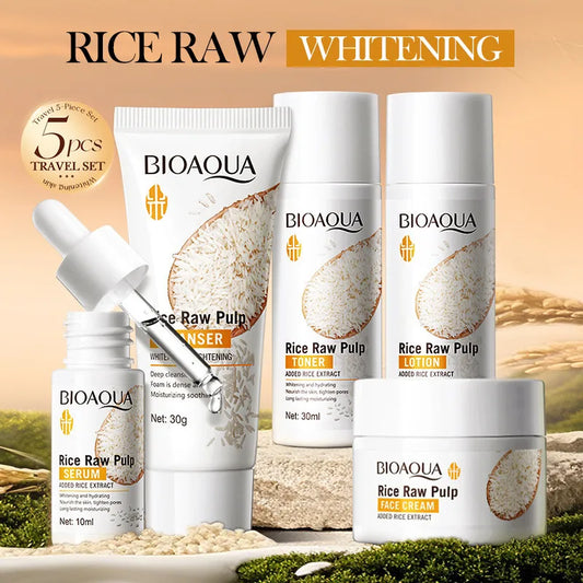 BIOAOUA Rice Whitening 5-Piece Skincare Set — Brightening & Hydrating Cleanser, Toner, Essence, Lotion & Cream