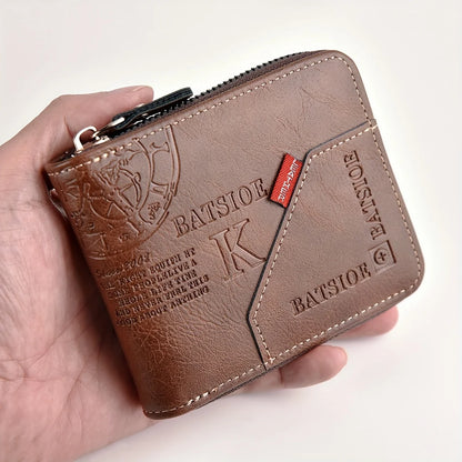 Men's PU Wax Oil Skin Zipper Wallet — Short Coin Purse & Card Holder with Zip-Around Closure