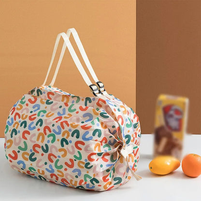 Foldable Eco Reusable Shopping Tote Bag — Cat & Lemon Print Beach, Grocery & Storage Pouch