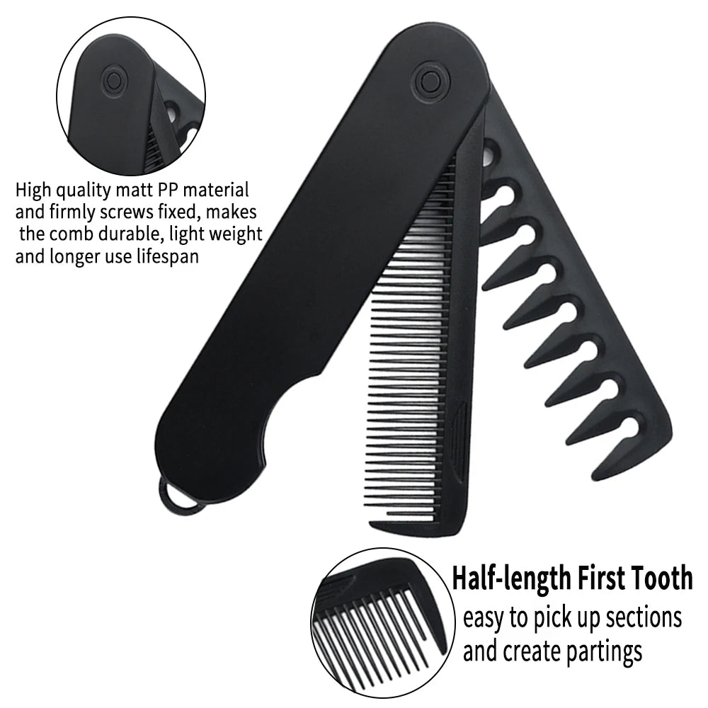 Pocket Folding Wide Tooth Comb Set — 1/2/3-in-1 Plastic Oil Head, Beard & Barber Styling Combs