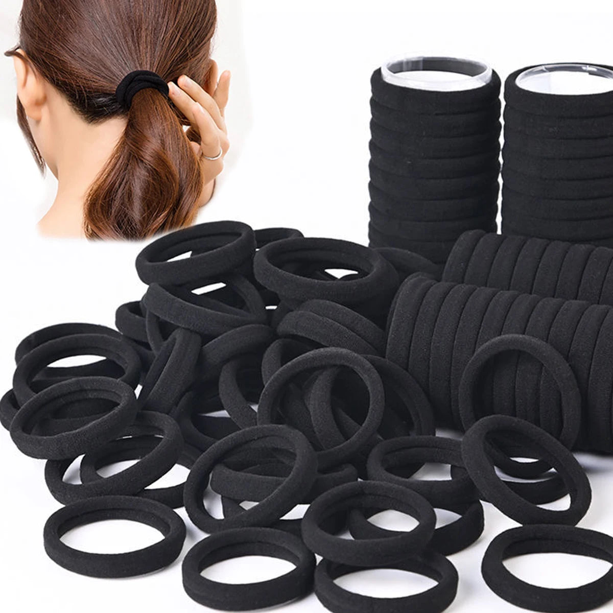 Black & White High-Elasticity Hair Bands — 50/100-Piece Rubber Band Hair Ties for Women