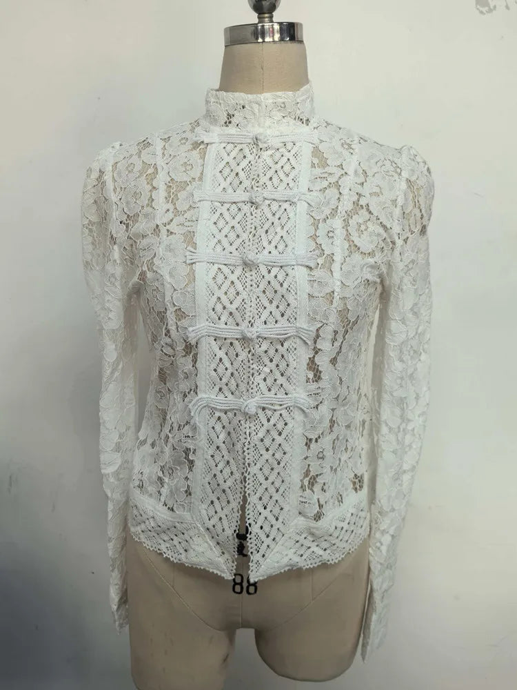 Women's Vintage Lace Blouse — Elegant Embroidery Puff Sleeve Top