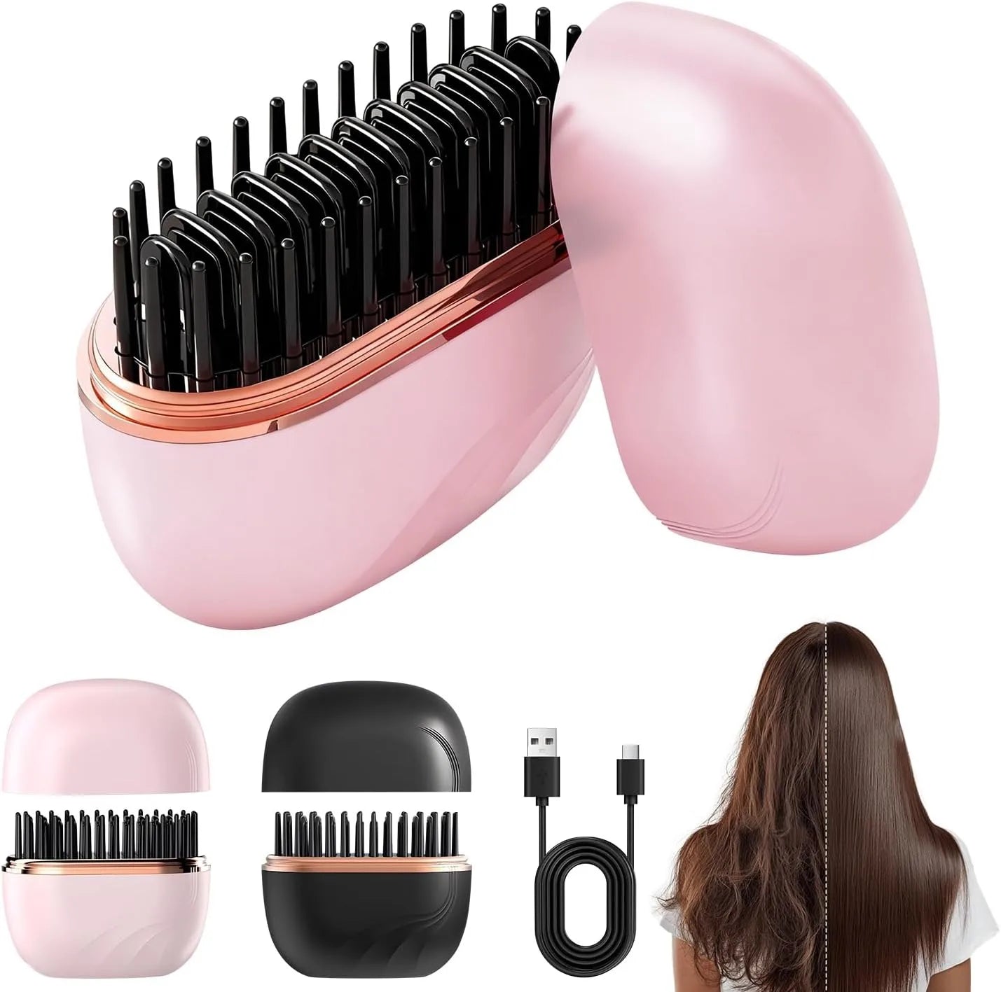 Mini Rechargeable Hair Straightener Brush — 3-Speed Temperature Control Anti-Scald Portable Travel Styling Tool