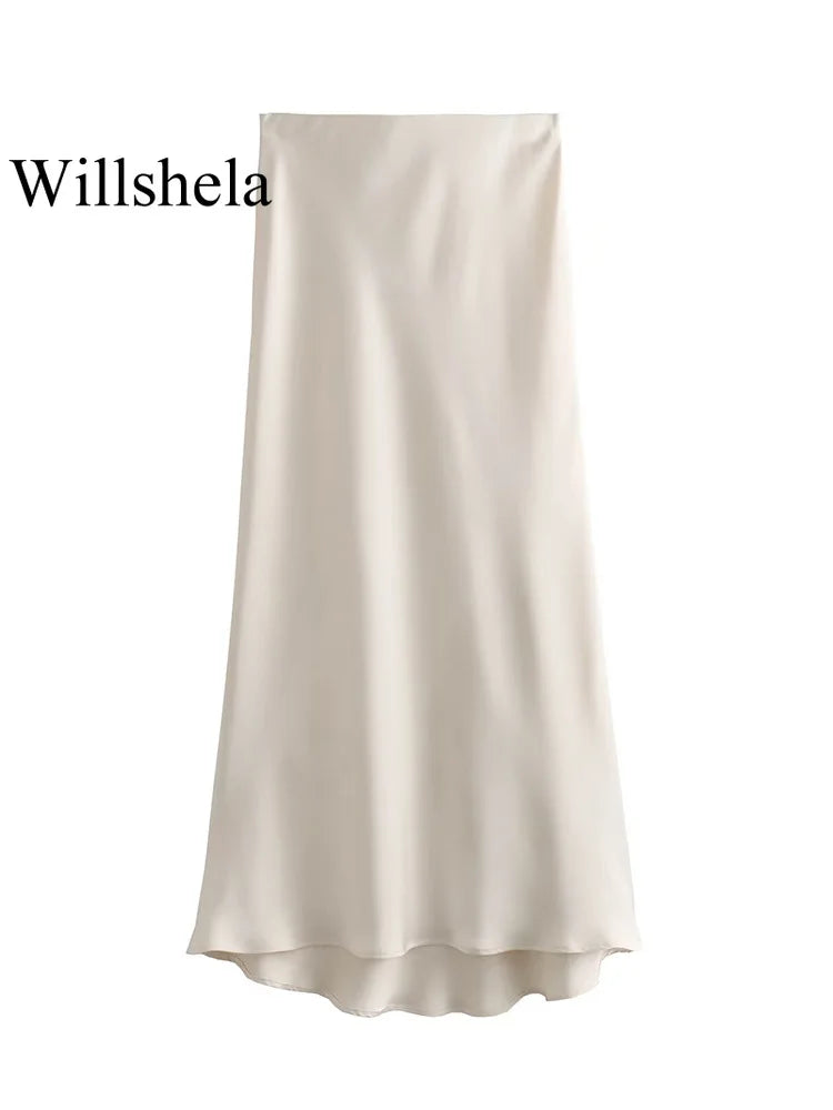 Willshela Black Satin Midi Skirt — Elegant & Versatile Women's Fashion