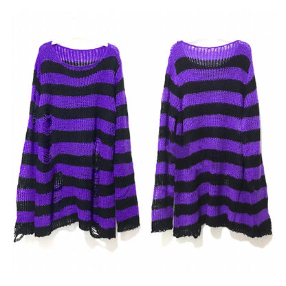 Punk Gothic Striped Sweater — Unisex Hollow-Out Rock Streetwear Top