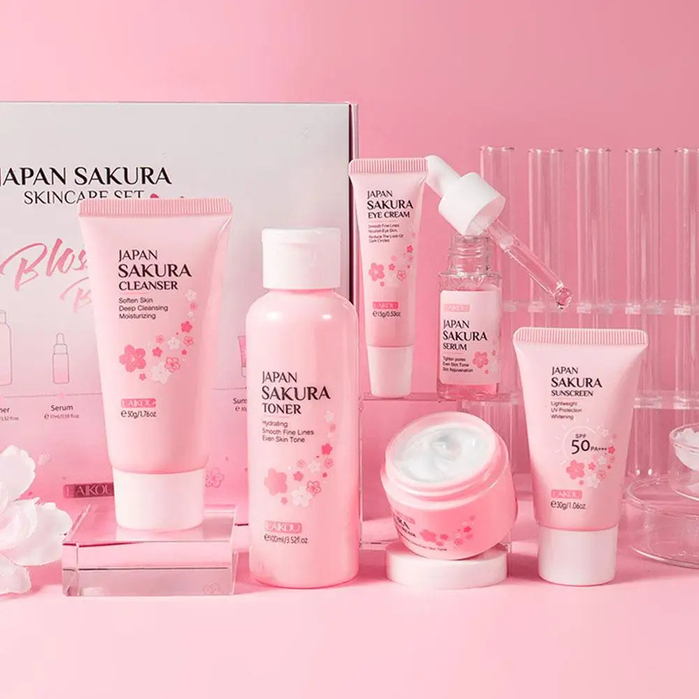 Sakura 6-Piece Skincare Gift Set — Face Cream, Serum, Toner, Cleanser, Sunscreen & Eye Cream