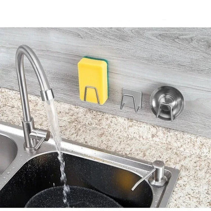 Self-Adhesive Kitchen Sink Sponge Holder — Stainless Steel Drain Drying Rack & Wall Hook Organizer