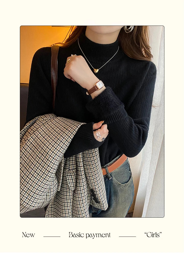 Women's Retro Turtleneck Sweater — Velvet-Lined Thermal Knit Pullover