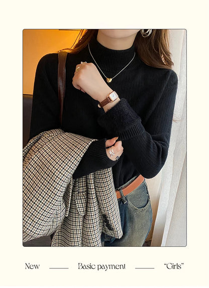 Women's Retro Turtleneck Sweater — Velvet-Lined Thermal Knit Pullover