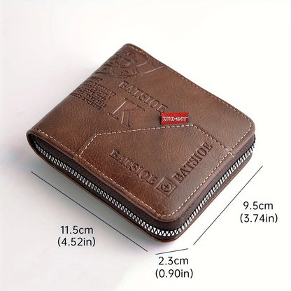 Men's PU Wax Oil Skin Zipper Wallet — Short Coin Purse & Card Holder with Zip-Around Closure