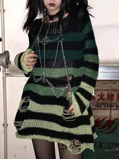 Punk Gothic Striped Sweater — Unisex Hollow-Out Rock Streetwear Top